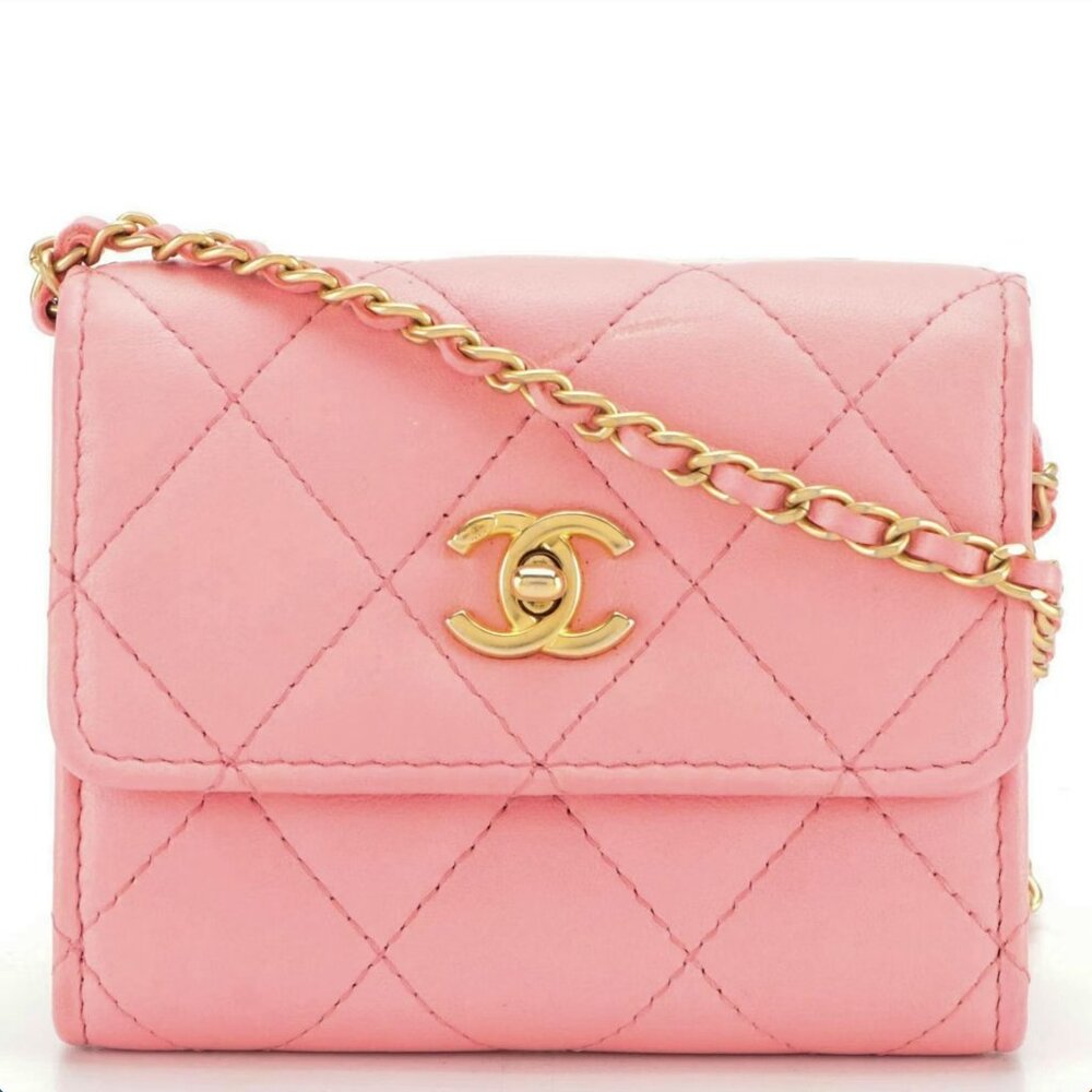 Chanel Pink Quilted Lambskin Pearl Crush Clutch W/ Chain